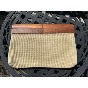 Vintage Italian Oversized Woven Clutch Purse Wooden Frame Beige Handbag